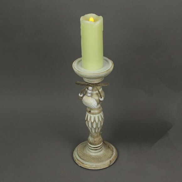 11 Inch Wood Pedestal Candle Holder Rustic White Washed Pillar With Sea Shells - Picture 3 of 4